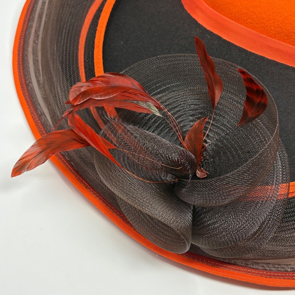 Vintage Bellini New York 100% Wool Felt Derby Church Hat Orange Black Wide Brim - Picture 6 of 13